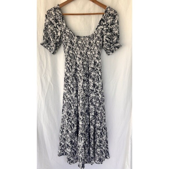 Abercrombie & Fitch Smocked Square Neck Puff Sleeve Midi Dress XS Coastal Beach - Picture 3 of 9